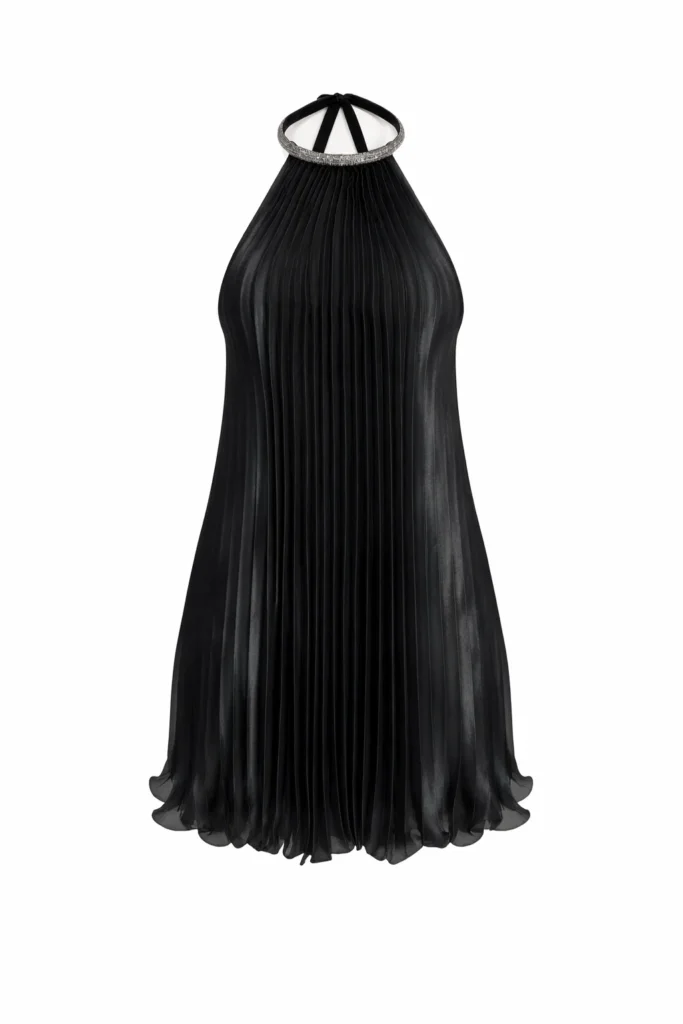 Backless halter neck pleated mini dress with crystal neckline by REPULO’S