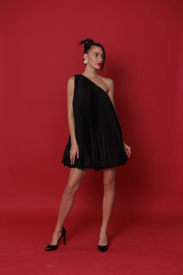 Luxury one-shoulder black pleated mini dress for cocktail parties by REPULO’S