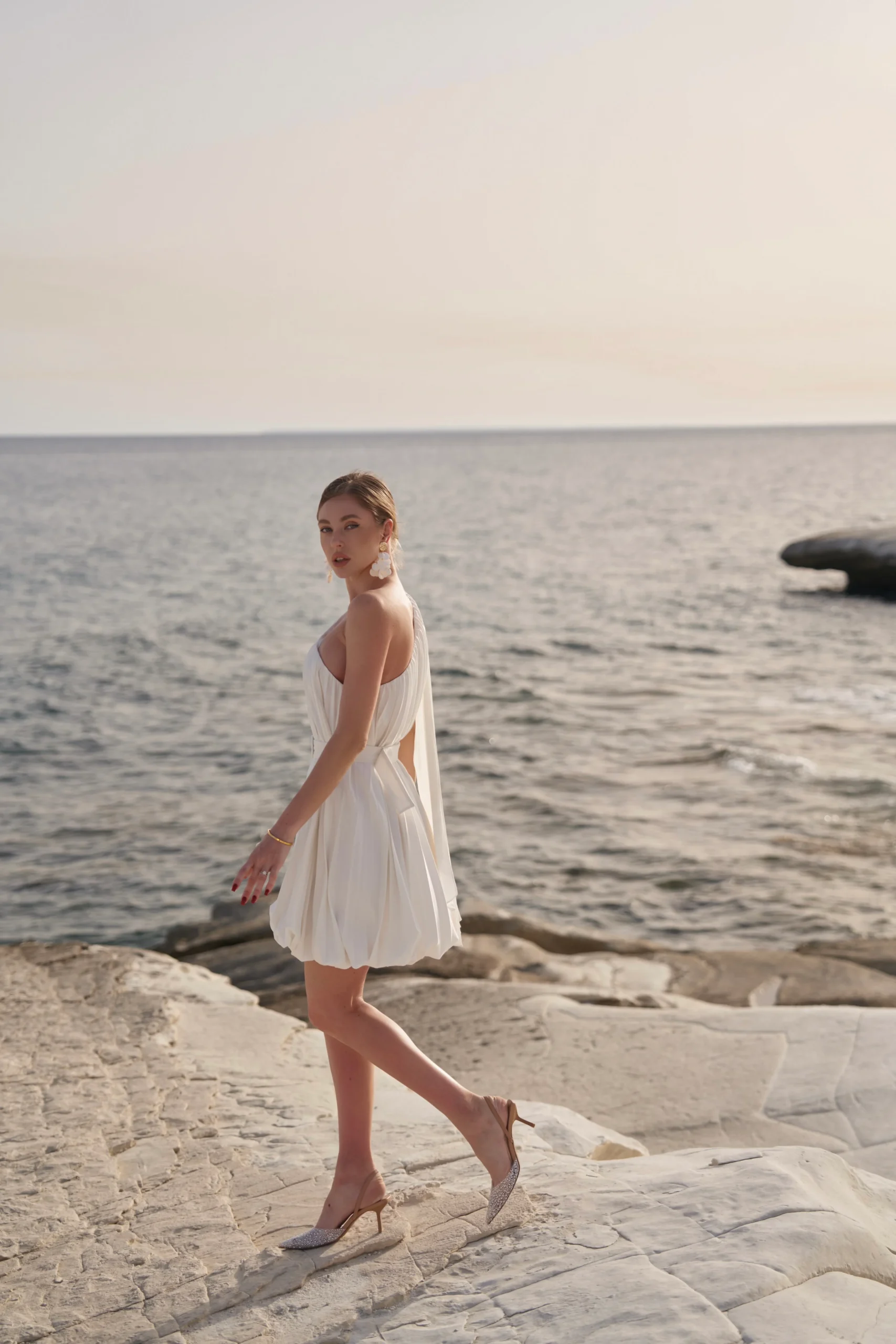 Designer one-shoulder mini dress for bridal shower by REPULO’S