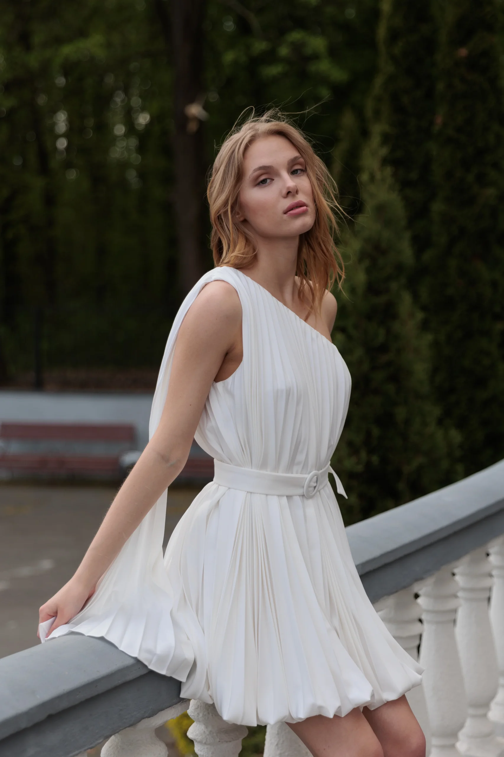 Luxury one-shoulder white pleated mini dress for cocktail parties by REPULO’S