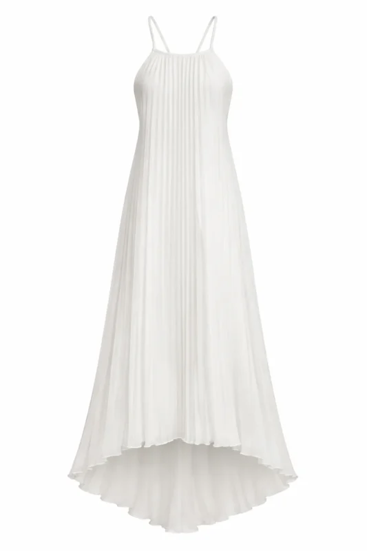 Elegant backless chiffon maxi dress with flowing pleated silhouette by REPULO’S