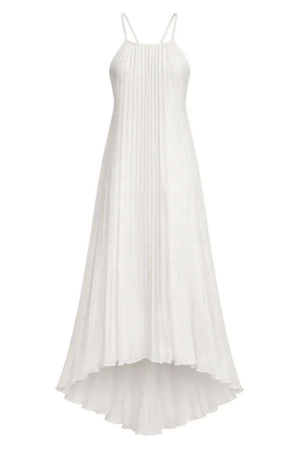 Elegant backless chiffon maxi dress with flowing pleated silhouette by REPULO’S