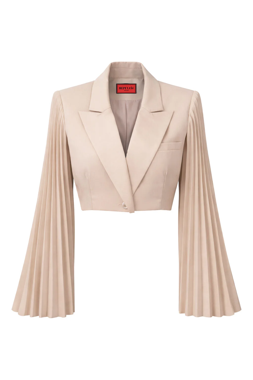 Crop beige blazer with pleated sleeves by REPULO’S