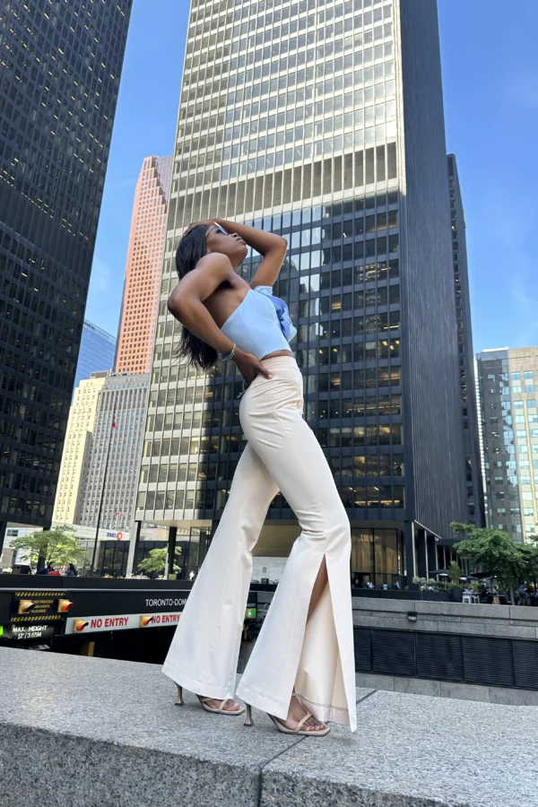 Luxury statement beige pants with knee-high side slits by REPULO’S