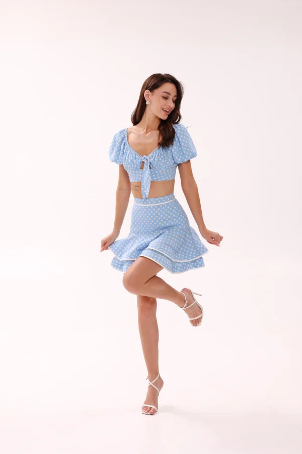 Polka dot ruffle hem blue mini skirt by REPULO’S