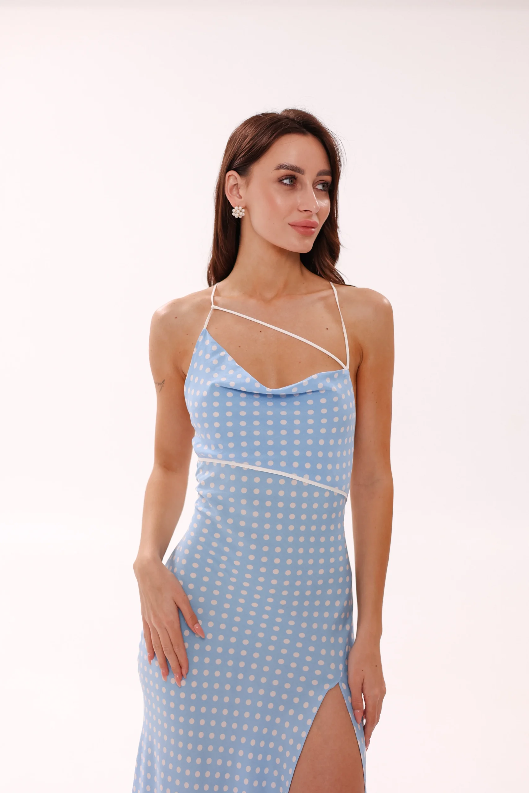 Elegant spaghetti strap dress with asymmetric neckline by REPULO’S