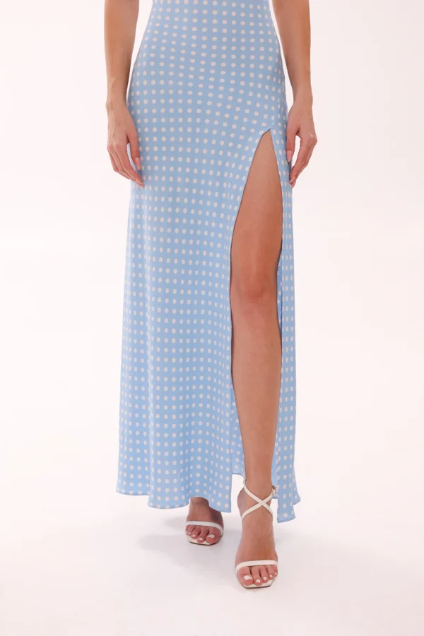 Designer blue polka dot cotton dress with elegant high slit by REPULO’S
