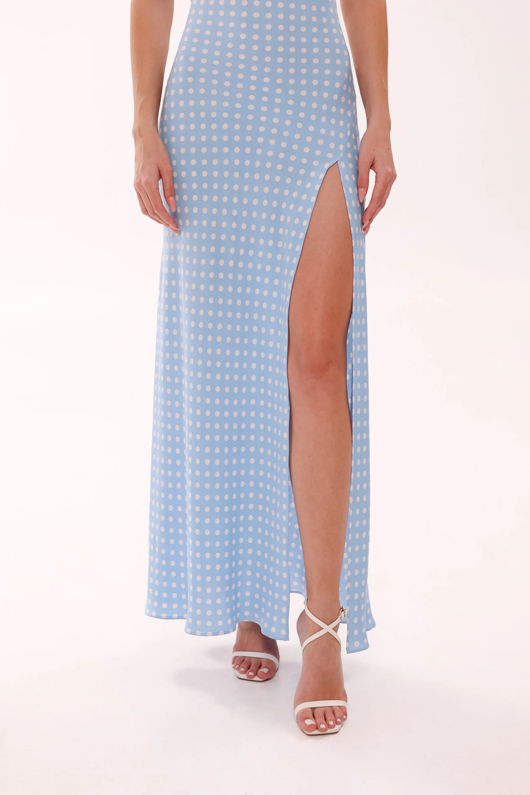 Designer blue polka dot cotton dress with elegant high slit by REPULO’S