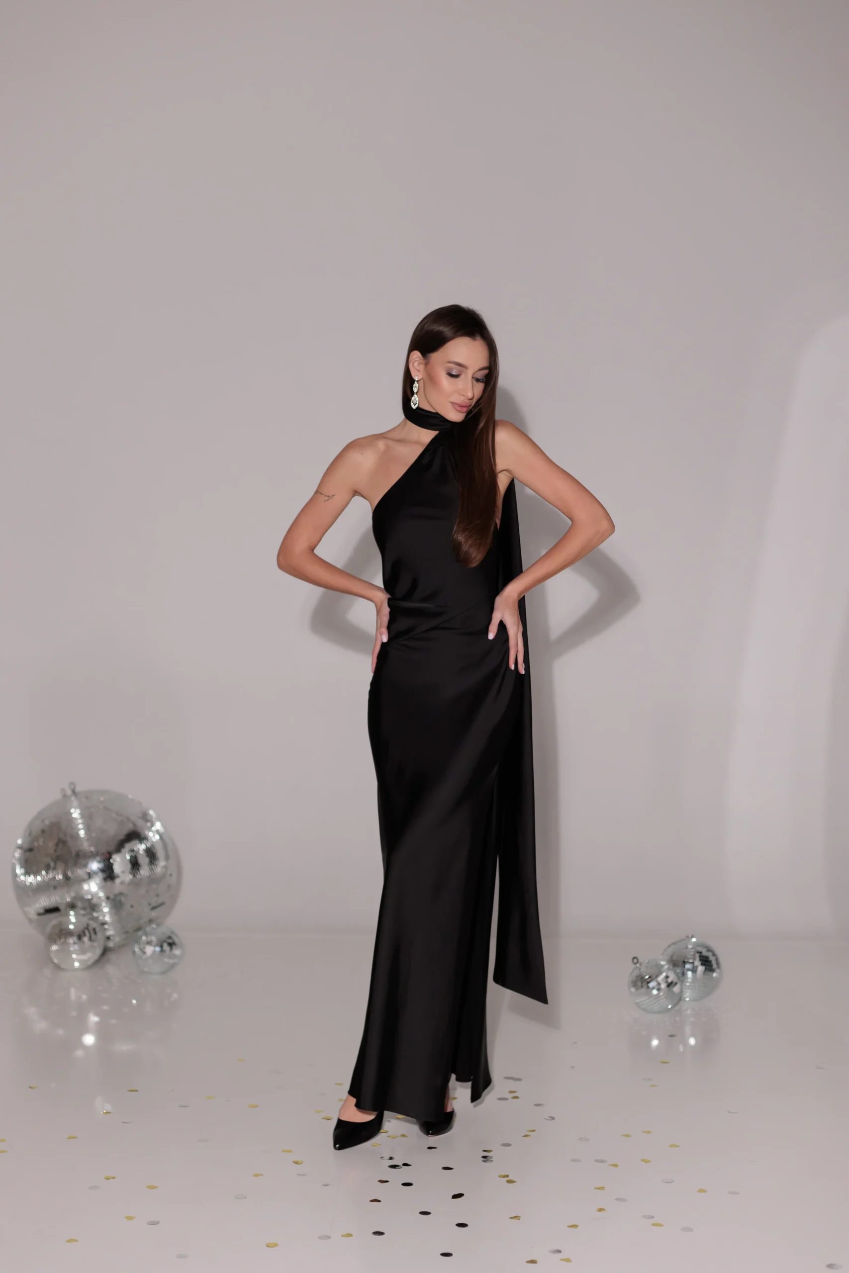 Elegant halter neck maxi dress with scarf detail by REPULO’S