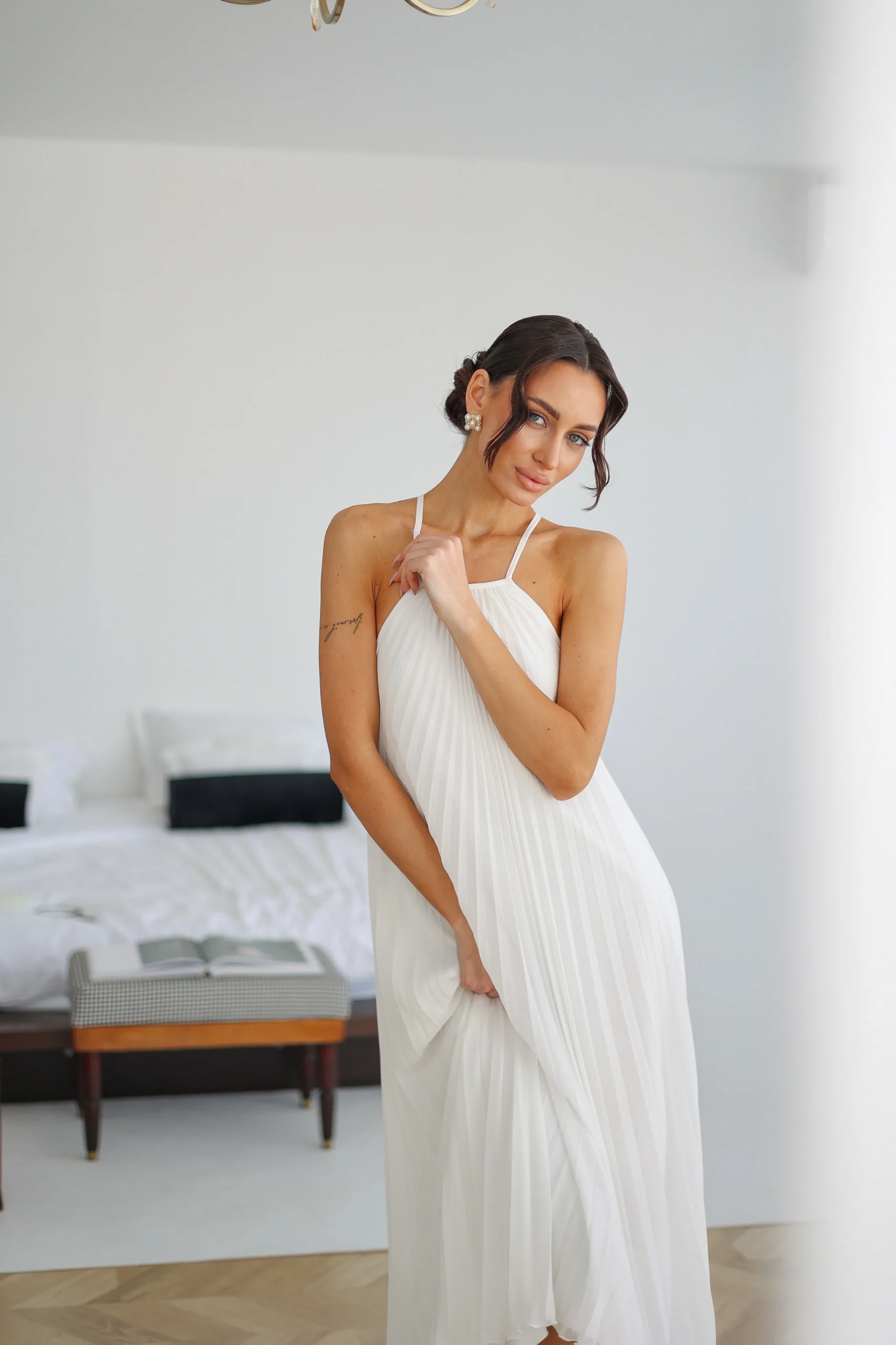 Minimal luxury chiffon maxi dress with romantic movement by REPULO’S
