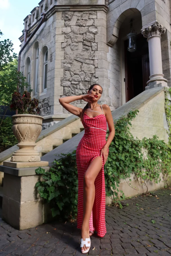 Red polka dot spaghetti strap midi dress by REPULO’S