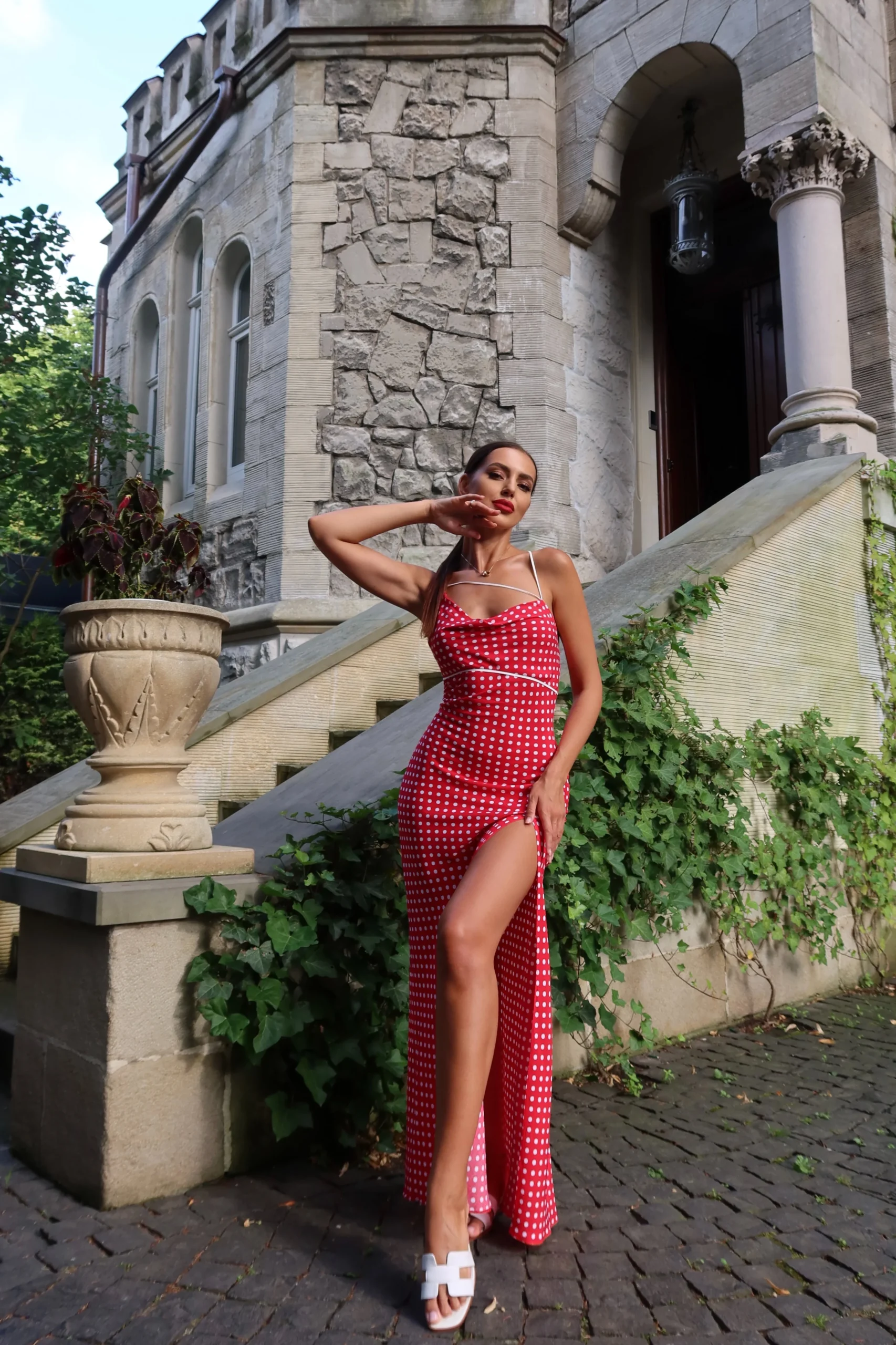 Red polka dot spaghetti strap midi dress by REPULO’S