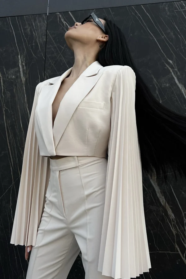 Designer cropped blazer with sculptural pleated sleeves by REPULO’S