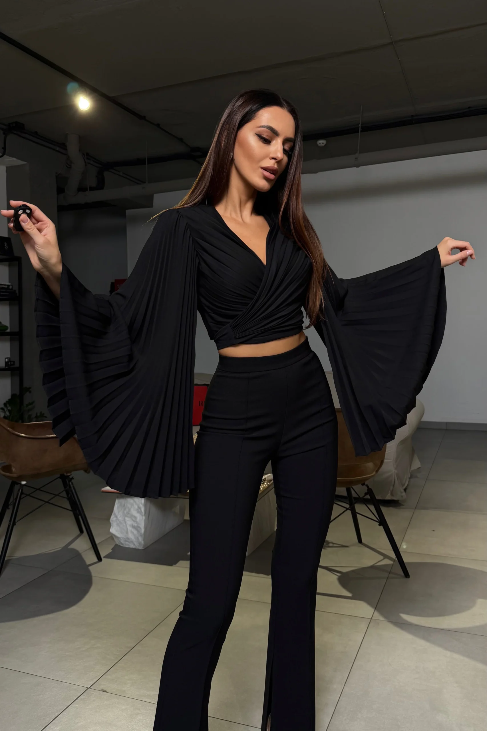 Crop wrap blouse with statement pleated sleeves by Ukrainian brand REPULO’S