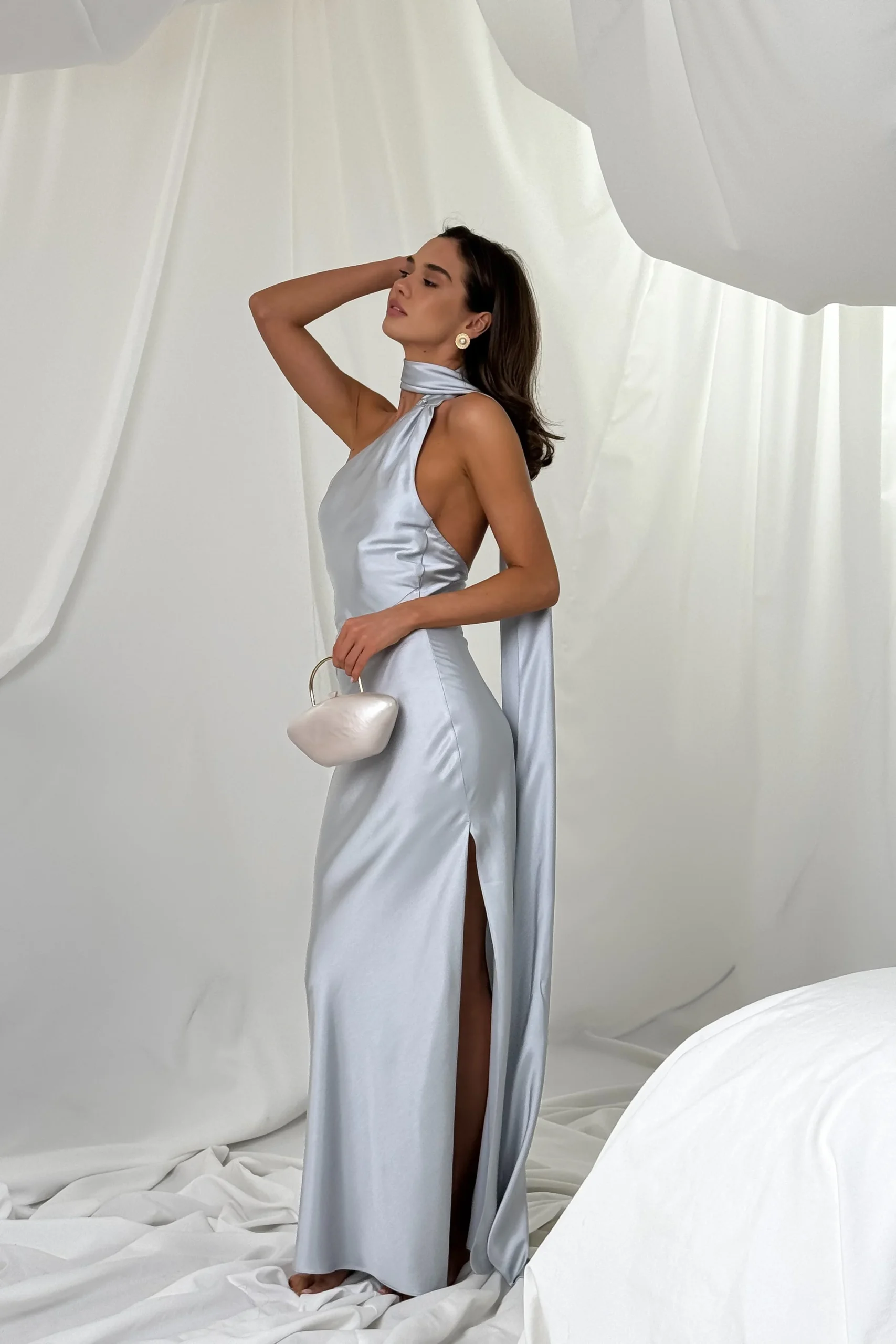 Designer silk satin evening gown with elegant halter neckline by REPULO’S