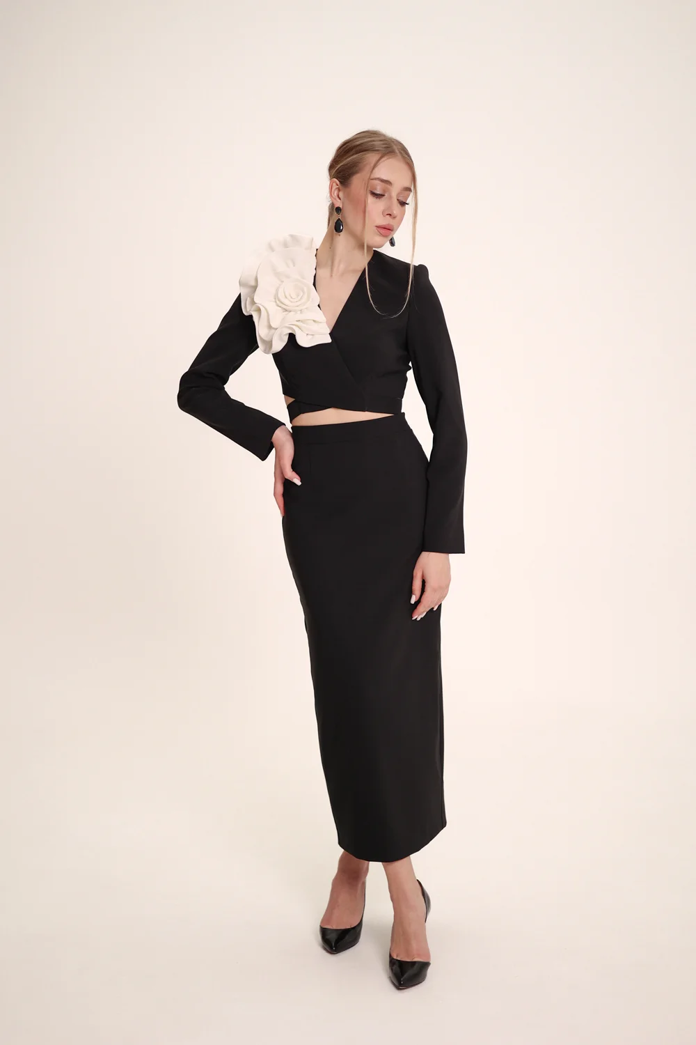 Statement wrap blazer with couture-inspired 3D flower by REPULO’S