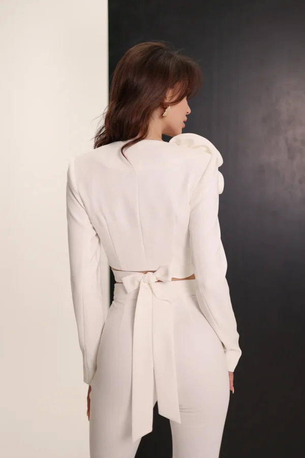 Designer women’s white blazer with feminine tailored silhouette by REPULO’S