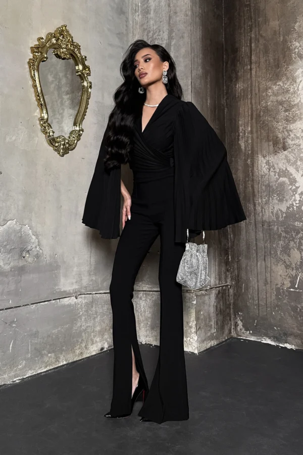 Luxury black wrap blouse with statement pleated sleeves by Ukrainian brand REPULO’S