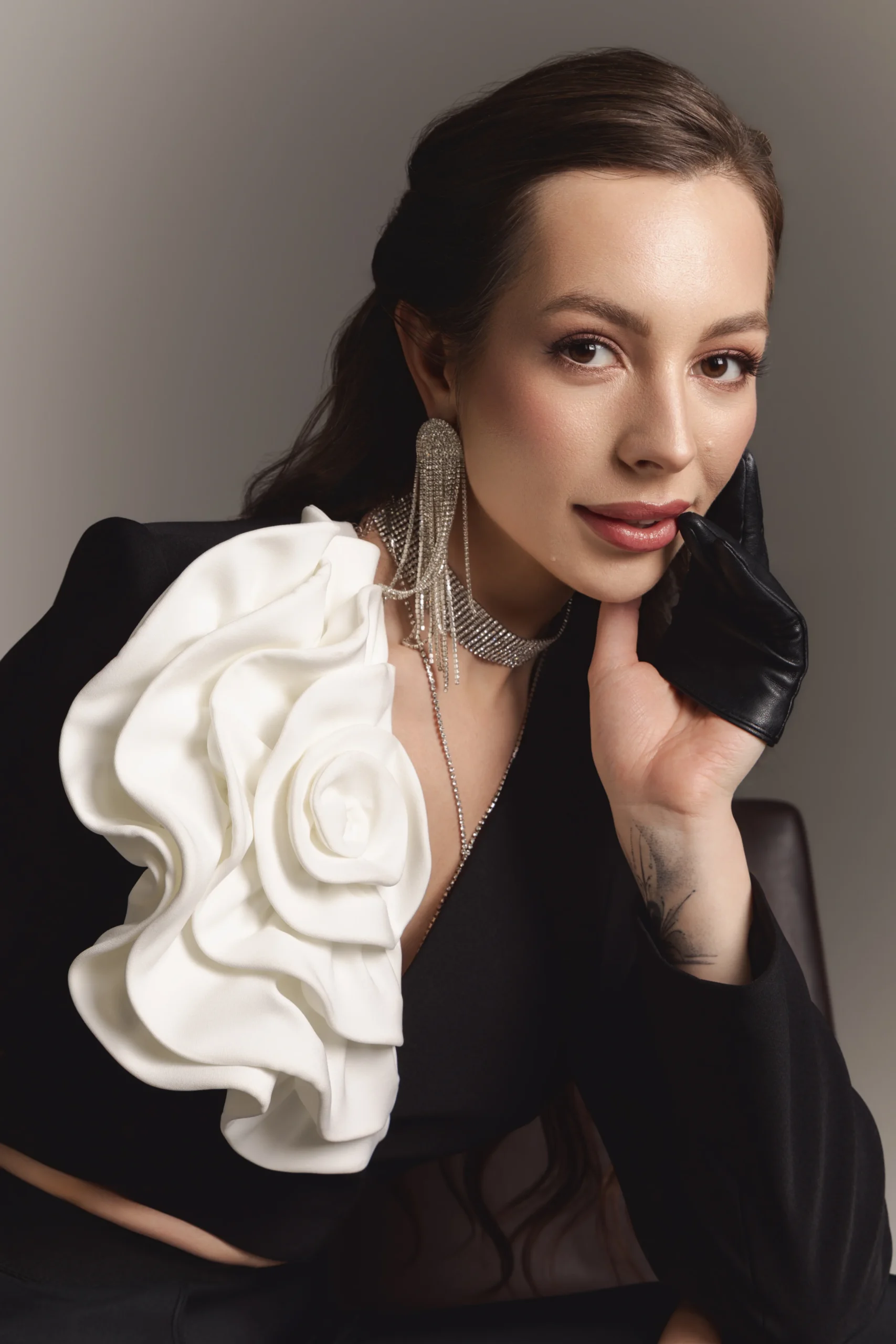 Crop wrap black blazer with handmade oversized white flower by REPULO’S