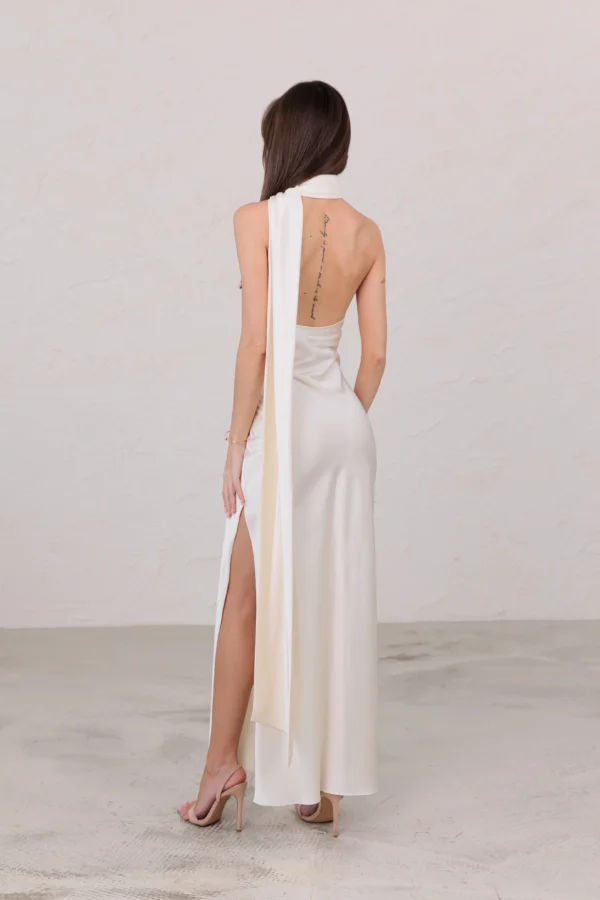 Luxury satin maxi dress with graceful open-back design by REPULO’S