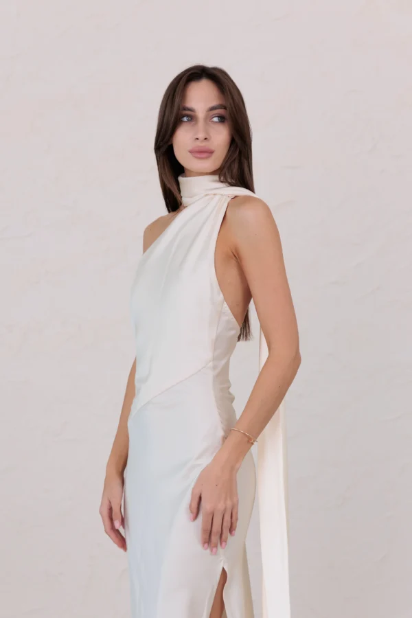 Over the neck scarf maxi dress in ivory silk satin by REPULO'S