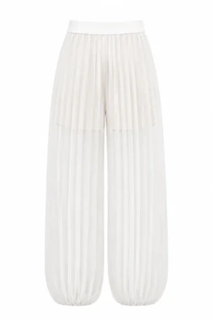 Flowing chiffon harem pants with sculptural pleated silhouette by REPULO’S