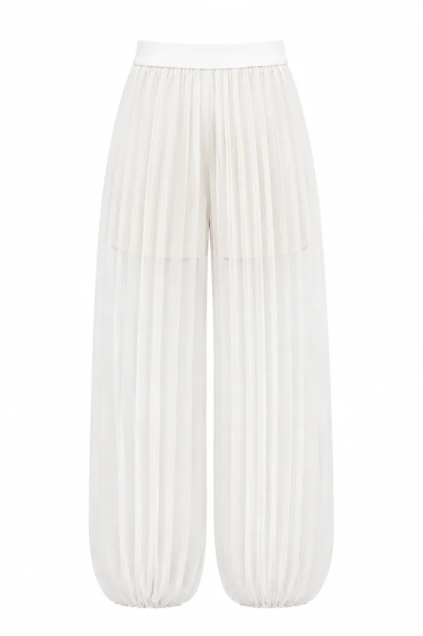 Flowing chiffon harem pants with sculptural pleated silhouette by REPULO’S