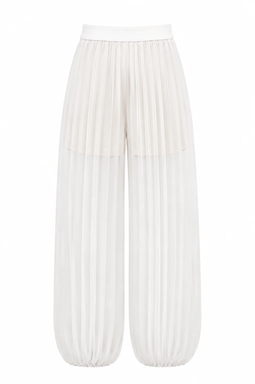 Flowing chiffon harem pants with sculptural pleated silhouette by REPULO’S