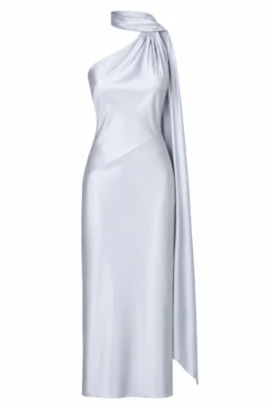 Silk satin silver halter maxi dress with integrated neck scarf by REPULO’S