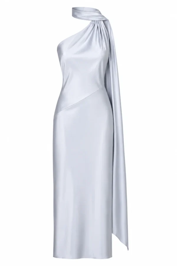 Silk satin silver halter maxi dress with integrated neck scarf by REPULO’S