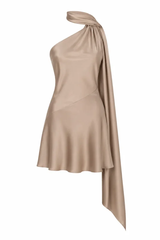 Silk satin beige halter mini dress with integrated neck scarf by REPULO’S