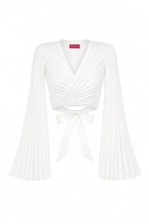 Crop wrap blouse with dramatic pleated sleeves by REPULO’S