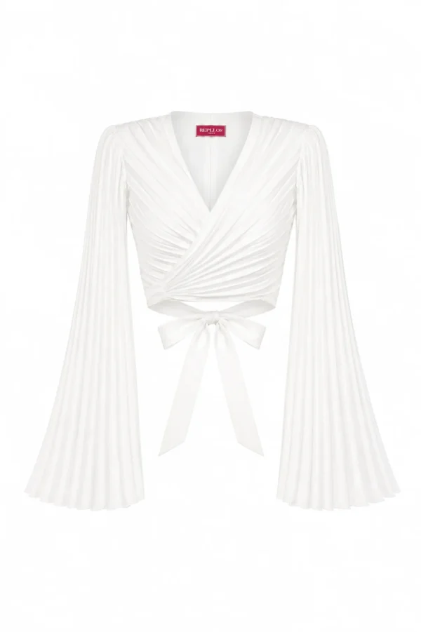Crop wrap blouse with dramatic pleated sleeves by REPULO’S