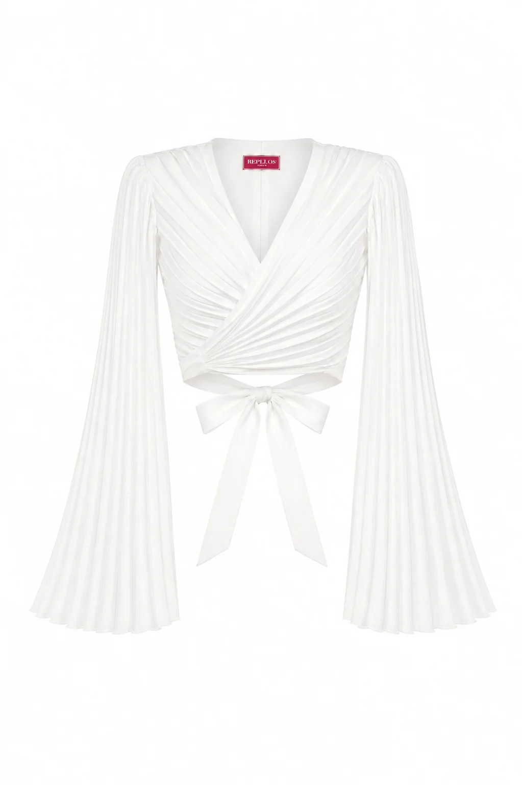 Crop wrap blouse with dramatic pleated sleeves by REPULO’S