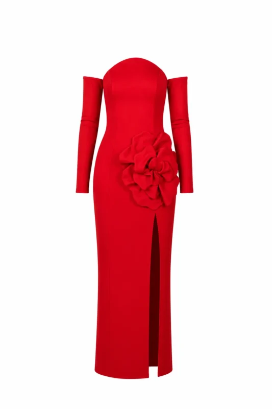Couture-inspired evening red dress with handmade flower by REPULO’S