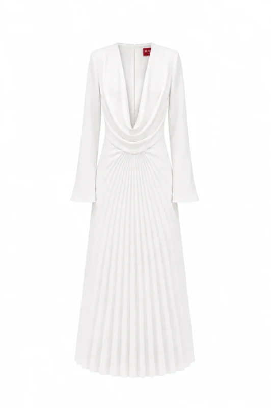 Cowl neck long sleeve white dress with pleated skirt by REPULO’S