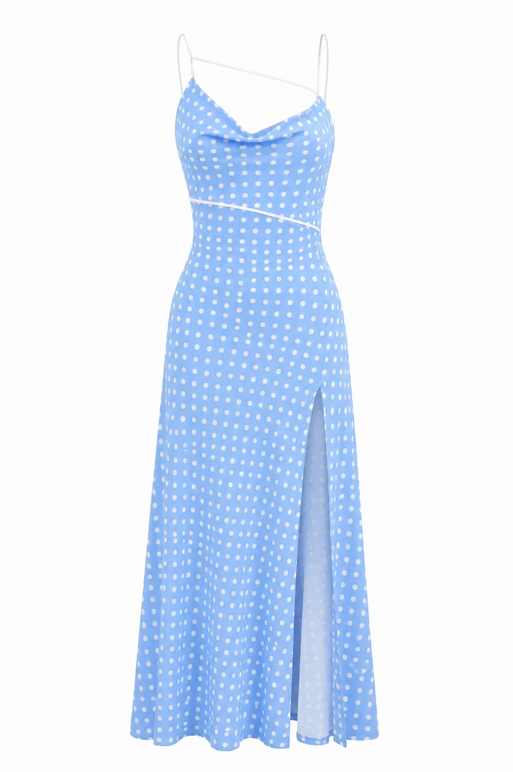Blue polka dot spaghetti strap midi dress by REPULO’S