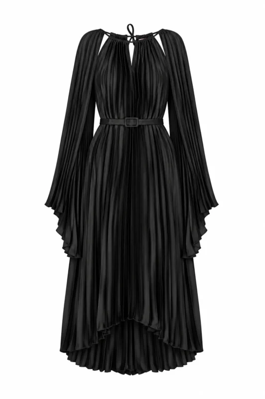 Black Silk Satin Pleated Dress Madeline by REPULO’S