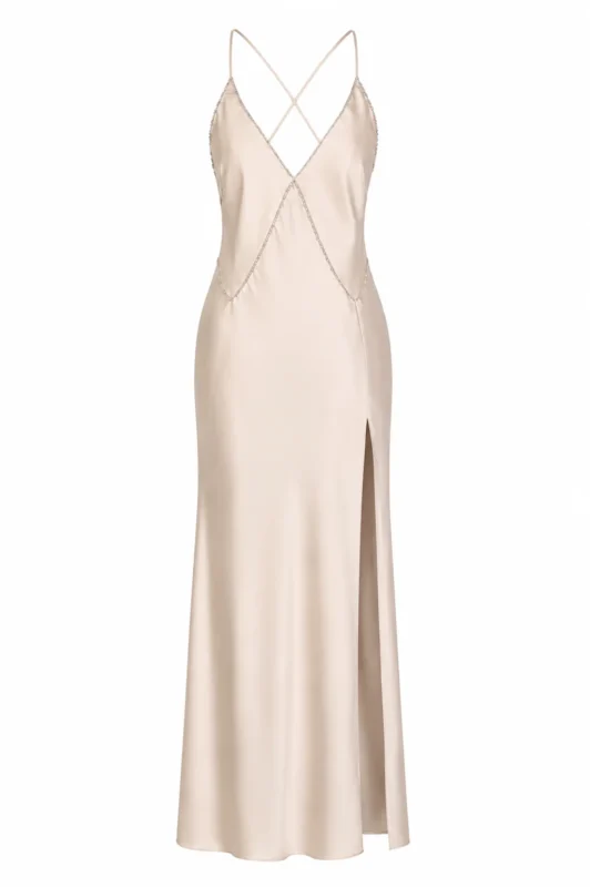 Silk satin slip dress with crystal embellishment by REPULO’S