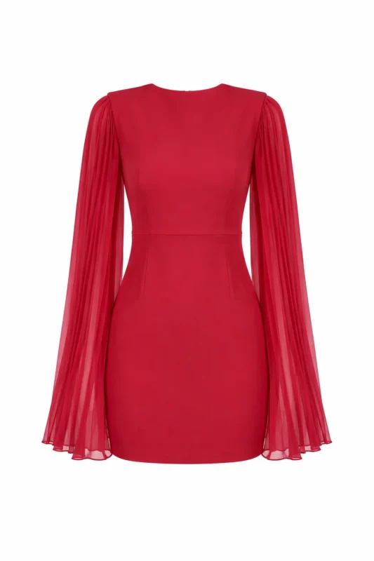 Convertible cocktail red mini dress with removable pleated chiffon sleeves by REPULO’S