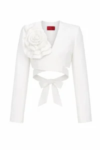Crop wrap white blazer with handmade oversized 3D flower by REPULO’S