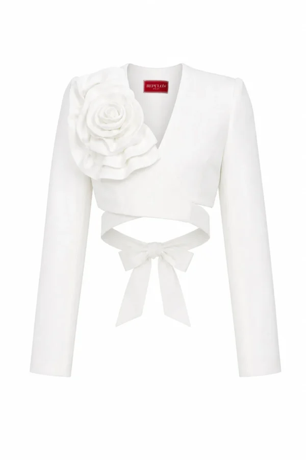 Crop wrap white blazer with handmade oversized 3D flower by REPULO’S