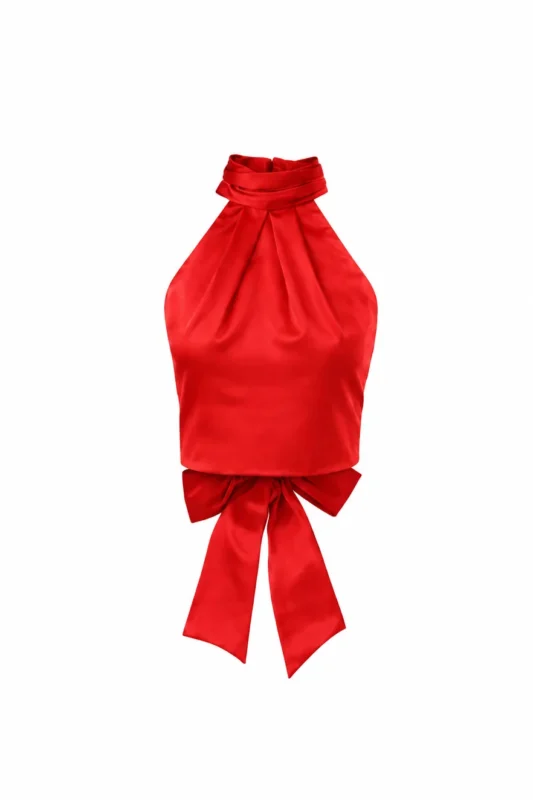 Silk satin red halter top with open back by REPULO’S