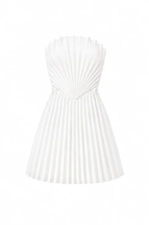 Pleated off-shoulder corset mini dress with handcrafted pleats by REPULO’S