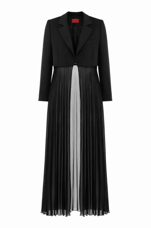 Crop blazer with removable pleated chiffon train by REPULO’S