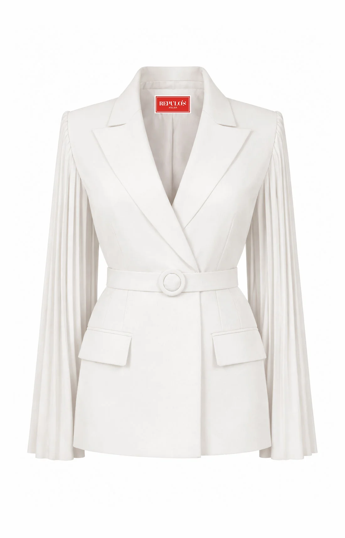 White fitted blazer with pleated sleeves by REPULO’S