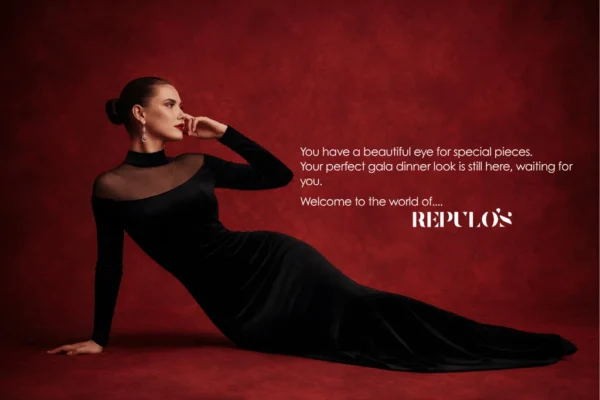 Elegant woman in a long black evening gown reclining against a deep red textured background, with REPULO’S branding and promotional text about gala dinner looks.