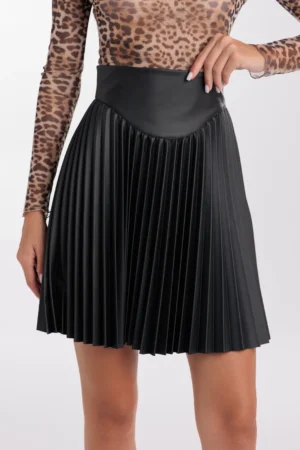 Black Silvie pleated faux leather high-waisted mini skirt – front view