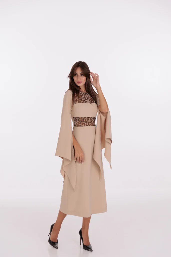 Outlet dresses at REPULO'S — beige Emily fitted midi dress with leopard mesh at a reduced price