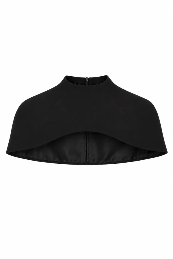 Black short turtleneck cape Aurora by REPULO’S, product shot of the structured silhouette